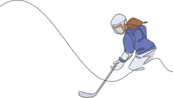 uno continuo linea disegno di giovane professionale ghiaccio hockey giocatore esercizio e praticante su ghiaccio pista stadio. salutare estremo sport concetto. dinamico singolo linea disegnare design illustrazione png