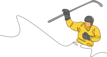 Célibataire continu ligne dessin de Jeune professionnel la glace le hockey joueur frappé le palet et attaque sur la glace patinoire arène. extrême hiver sport concept. branché un ligne dessiner conception graphique illustration png