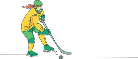 One single line drawing of young ice hockey player in action to play a competitive game on ice rink stadium graphic illustration. Sport tournament concept. Modern continuous line draw design png