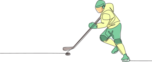 einer Single Linie Zeichnung von jung Eis Eishockey Spieler im Aktion zu abspielen ein wettbewerbsfähig Spiel auf Eis Eisbahn Stadion Illustration Grafik. Sport Turnier Konzept. modern kontinuierlich Linie zeichnen Design png