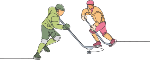 One single line drawing of two young ice hockey player in action to play competitive game on ice rink stadium graphic illustration. Sport tournament concept. Modern continuous line draw design png