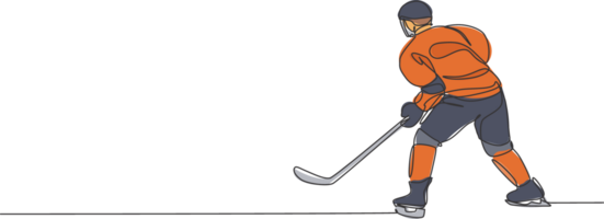 uno soltero línea dibujo de joven hielo hockey jugador en acción a jugar un competitivo juego en hielo pista estadio gráfico ilustración. deporte torneo concepto. moderno continuo línea dibujar diseño png