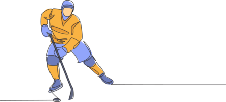 One continuous line drawing of young professional ice hockey player exercising and practicing on ice rink stadium. Healthy extreme sport concept. Dynamic single line draw design illustration png