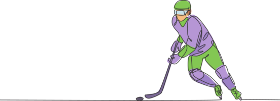 One continuous line drawing of young professional ice hockey player exercising and practicing on ice rink stadium. Healthy extreme sport concept. Dynamic single line draw design illustration png