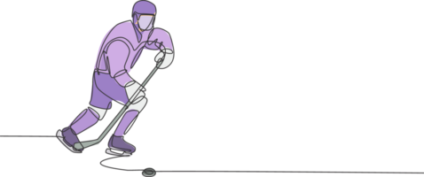 One continuous line drawing of young professional ice hockey player exercising and practicing on ice rink stadium. Healthy extreme sport concept. Dynamic single line draw design illustration png