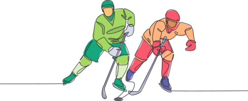 One continuous line drawing two young professional ice hockey player exercising on ice rink stadium together. Healthy extreme sport concept. Dynamic single line draw graphic design illustration png