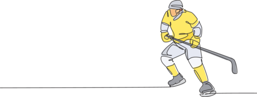 One continuous line drawing of young professional ice hockey player exercising and practicing on ice rink stadium. Healthy extreme sport concept. Dynamic single line draw design illustration png