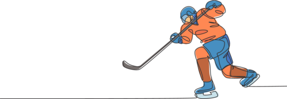 uno soltero línea dibujo de joven hielo hockey jugador en acción a jugar un competitivo juego en hielo pista estadio gráfico ilustración. deporte torneo concepto. moderno continuo línea dibujar diseño png