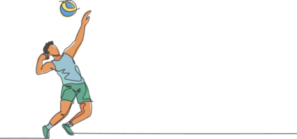 uno continuo línea dibujo joven masculino profesional vóleibol jugador en acción servir pelota en corte. sano competitivo equipo deporte concepto. dinámica soltero línea dibujar diseño gráfico ilustración png