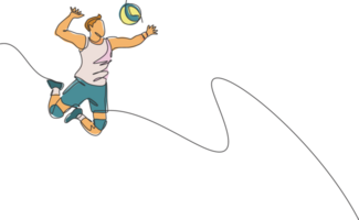 einer Single Linie Zeichnung von jung männlich Fachmann Volleyball Spieler ausüben Springen Spitze auf Gericht Illustration. Mannschaft Sport Konzept. Turnier Fall. modern kontinuierlich Linie zeichnen Design png