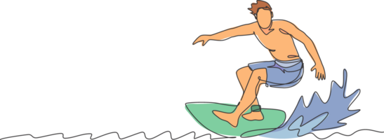 singolo continuo linea disegno giovane professionale surfer nel azione equitazione il onde su blu oceano. estremo sport acquatico concetto. estate vacanza. di moda uno linea disegnare design grafico illustrazione png