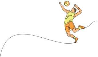 One continuous line drawing of young male professional volleyball player in action jumping spike on court. Healthy competitive team sport concept. Dynamic single line draw design illustration png