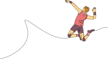 uno soltero línea dibujo de joven masculino profesional vóleibol jugador hacer ejercicio saltando espiga en Corte ilustración. equipo deporte concepto. torneo evento. moderno continuo línea dibujar diseño png