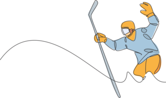 Célibataire continu ligne dessin de Jeune professionnel la glace le hockey joueur tenir le palet coup et la défense sur la glace patinoire arène. extrême hiver sport concept. branché un ligne dessiner conception illustration png