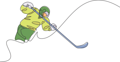 uno soltero línea dibujo de joven hielo hockey jugador en acción a jugar un competitivo juego en hielo pista estadio gráfico ilustración. deporte torneo concepto. moderno continuo línea dibujar diseño png