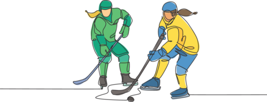 einer Single Linie Zeichnung von jung zwei Eis Eishockey Spieler im Aktion zu Sieg das Puck beim wettbewerbsfähig Spiel auf Eis Eisbahn Stadion Illustration. Sport Turnier Konzept. kontinuierlich Linie zeichnen Design png