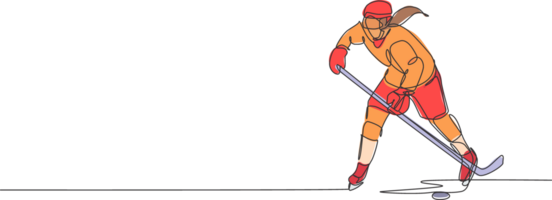 een single lijn tekening van jong ijs hockey speler in actie naar Speel een competitief spel Aan ijs baan stadion illustratie grafisch. sport toernooi concept. modern doorlopend lijn trek ontwerp png