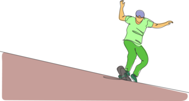 enda kontinuerlig linje teckning av ung Häftigt skateboarder man ridning skridsko och utför glida lura i skridsko parkera. praktiserande utomhus- sport begrepp. trendig ett linje dra design illustration png