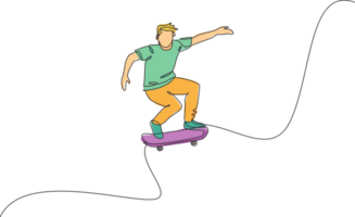 single doorlopend lijn tekening van jong koel skateboarder Mens rijden vleet en het uitvoeren van springen truc in vleet park. beoefenen buitenshuis sport concept. modieus een lijn trek ontwerp illustratie png