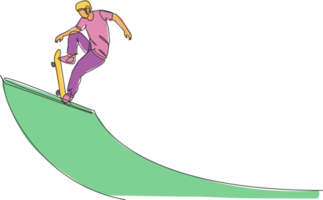 un Célibataire ligne dessin de Jeune skateur homme exercice équitation planche à roulette à rampe planche illustration. adolescent mode de vie et extrême Extérieur sport concept. moderne continu ligne dessiner conception png