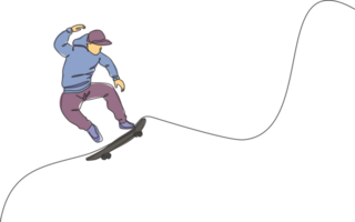 ett enda linje teckning av ung Häftigt skateboarder man ridning skateboard och Hoppar i stad gata illustration. tonåring livsstil och utomhus- sport begrepp. modern kontinuerlig linje dra design png