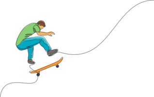 Single continuous line drawing of young cool skateboarder man riding skate and performing jump trick in skate park. Practicing outdoor sport concept. Trendy one line draw design illustration png