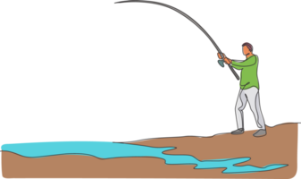 uno continuo linea disegno di giovane contento pescatore in piedi e pesca un' pesce a il lungo il fiume. pesca tempo libero passatempo vacanza concetto. dinamico singolo linea disegnare design grafico illustrazione png