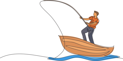 ett kontinuerlig linje teckning av ung fiskare Lycklig stående och fiske på de sjö från de trä- båt. fiske fritid hobby semester begrepp. dynamisk enda linje dra design illustration png