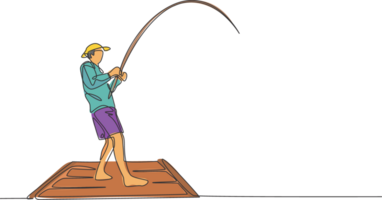 uno soltero línea dibujo de joven contento pescador hombre en pie y pesca con mosca a el de madera muelle muelle ilustración. fiesta de viaje para pescar pasatiempo concepto. moderno continuo línea dibujar diseño png