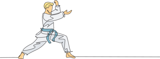 een doorlopend lijn tekening van jong getalenteerd karateka Mens trein houding voor duel vechten Bij dojo Sportschool centrum. beheersen krijgshaftig kunst sport concept. dynamisch single lijn trek ontwerp illustratie png