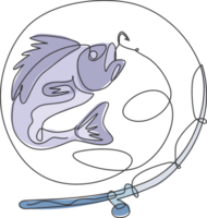 uno continuo linea disegno di logo simbolo icona pesca concorrenza e torneo. pescatore tempo libero passatempo vacanza concetto. dinamico singolo linea dr png