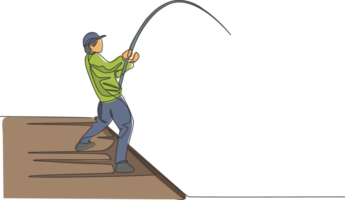 Single continuous line drawing of young happy fisher man fly fishing big bass fish in dock pier. Fishing hobby holiday concept. Trendy one line draw design graphic illustration png
