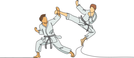 singolo continuo linea disegno di giovane fiducioso karateka uomo nel chimono praticante karatè combattere a dojo. marziale arte sport formazione concetto. di moda uno linea disegnare design grafico illustrazione png