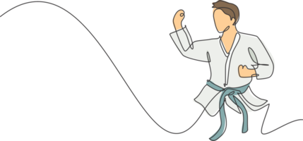 One single line drawing of young sporty karateka man in fight uniform with belt exercising martial art at gym illustration. Healthy sport lifestyle concept. Modern continuous line draw design png