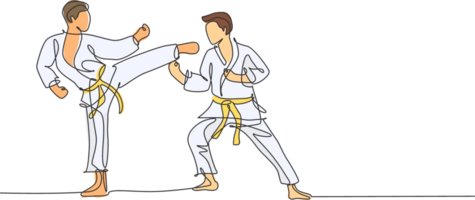 uno continuo linea disegno di Due giovane talentuoso karateka uomini treno posa per duello combattente a dojo Palestra centro. mastering marziale arte sport concetto. dinamico singolo linea disegnare design illustrazione png