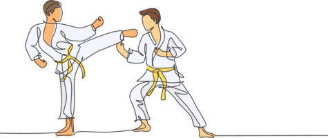 uno continuo linea disegno di Due giovane talentuoso karateka uomini treno posa per duello combattente a dojo Palestra centro. mastering marziale arte sport concetto. dinamico singolo linea disegnare design illustrazione png