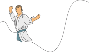 uno singolo linea disegno di giovane sportivo karateka uomo nel combattimento uniforme con cintura esercizio marziale arte a Palestra illustrazione. salutare sport stile di vita concetto. moderno continuo linea disegnare design png