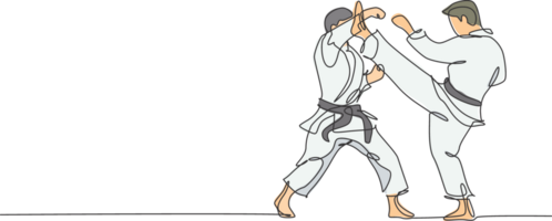 uno singolo linea disegno di Due giovane sportivo karateka uomini nel combattimento uniforme con cintura esercizio marziale arte a Palestra illustrazione. salutare sport stile di vita concetto. moderno Continua linea disegnare design png