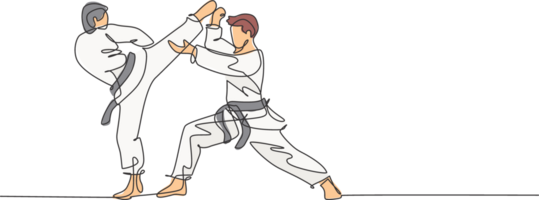 ett enda linje teckning av två ung sportig karateka män i bekämpa enhetlig med bälte utövar krigisk konst på Gym illustration. friska sport livsstil begrepp. modern Fortsätta linje dra design png