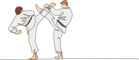 ett kontinuerlig linje teckning av två ung begåvad karateka män tåg utgör för duell stridande på dojo Gym Centrum. behärska krigisk konst sport begrepp. dynamisk enda linje dra design illustration png