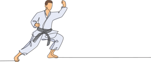 singolo continuo linea disegno di giovane fiducioso karateka uomo nel chimono praticante karatè combattere a dojo. marziale arte sport formazione concetto. di moda uno linea disegnare design grafico illustrazione png