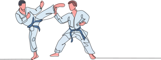 einer kontinuierlich Linie Zeichnung von zwei jung talentiert Karateka Männer Zug Pose zum Duell Kampf beim Dojo Fitnessstudio Center. meistern kriegerisch Kunst Sport Konzept. dynamisch Single Linie zeichnen Design Illustration png