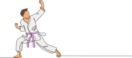 uno soltero línea dibujo de joven deportivo karateka hombre en lucha uniforme con cinturón hacer ejercicio marcial Arte a gimnasio ilustración. sano deporte estilo de vida concepto. moderno continuo línea dibujar diseño png