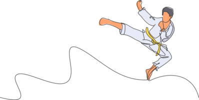 singolo continuo linea disegno di giovane fiducioso karateka uomo nel chimono praticante karatè combattere a dojo. marziale arte sport formazione concetto. di moda uno linea disegnare grafico design illustrazione png