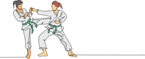 soltero continuo línea dibujo de dos joven confidente karateka muchachas en kimono practicando kárate combate a dojo. marcial Arte deporte formación concepto. de moda uno línea dibujar diseño ilustración png