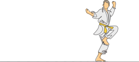 uno soltero línea dibujo de joven deportivo karateka hombre en lucha uniforme con cinturón hacer ejercicio marcial Arte a gimnasio ilustración. sano deporte estilo de vida concepto. moderno continuo línea dibujar diseño png