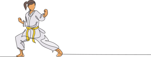 uno soltero línea dibujo de joven deportivo karateka niña en lucha uniforme con cinturón hacer ejercicio marcial Arte a gimnasio ilustración. sano deporte estilo de vida concepto. moderno continuo línea dibujar diseño png