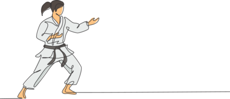 ett kontinuerlig linje teckning av ung begåvad karateka flicka tåg utgör för duell stridande på dojo Gym Centrum. behärska krigisk konst sport begrepp. dynamisk enda linje dra design illustration png