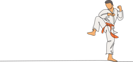 uno soltero línea dibujo de joven deportivo karateka hombre en lucha uniforme con cinturón hacer ejercicio marcial Arte a gimnasio ilustración. sano deporte estilo de vida concepto. moderno continuo línea dibujar diseño png