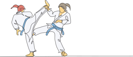 uno continuo linea disegno di Due giovane talentuoso karateka ragazze treno posa per duello combattente a dojo Palestra centro. padronanza marziale arte sport concetto. dinamico singolo linea disegnare design illustrazione png